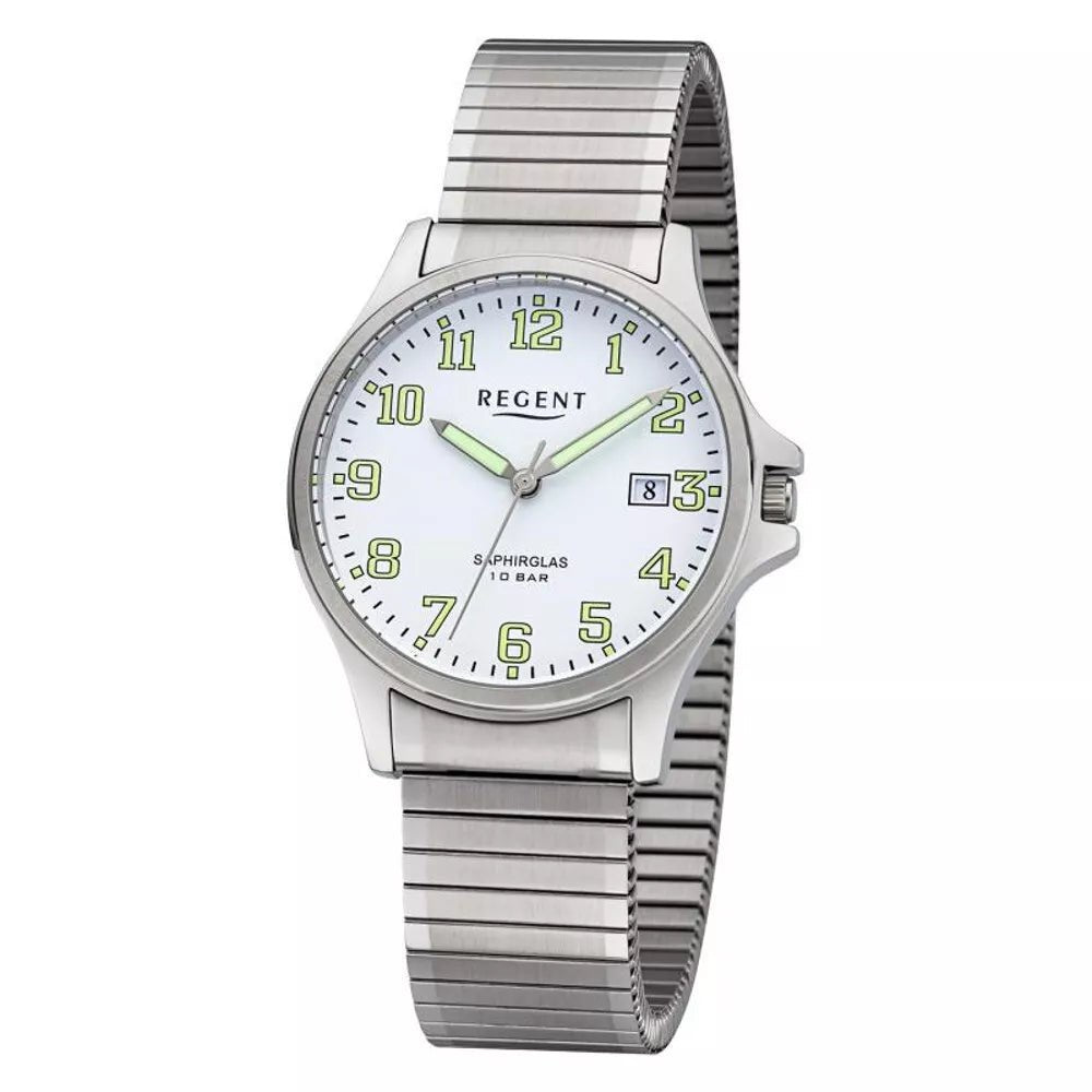 Regent Herrenuhr F-1349 Quarz, Silber, Weiß, Edelstahl, Flexband