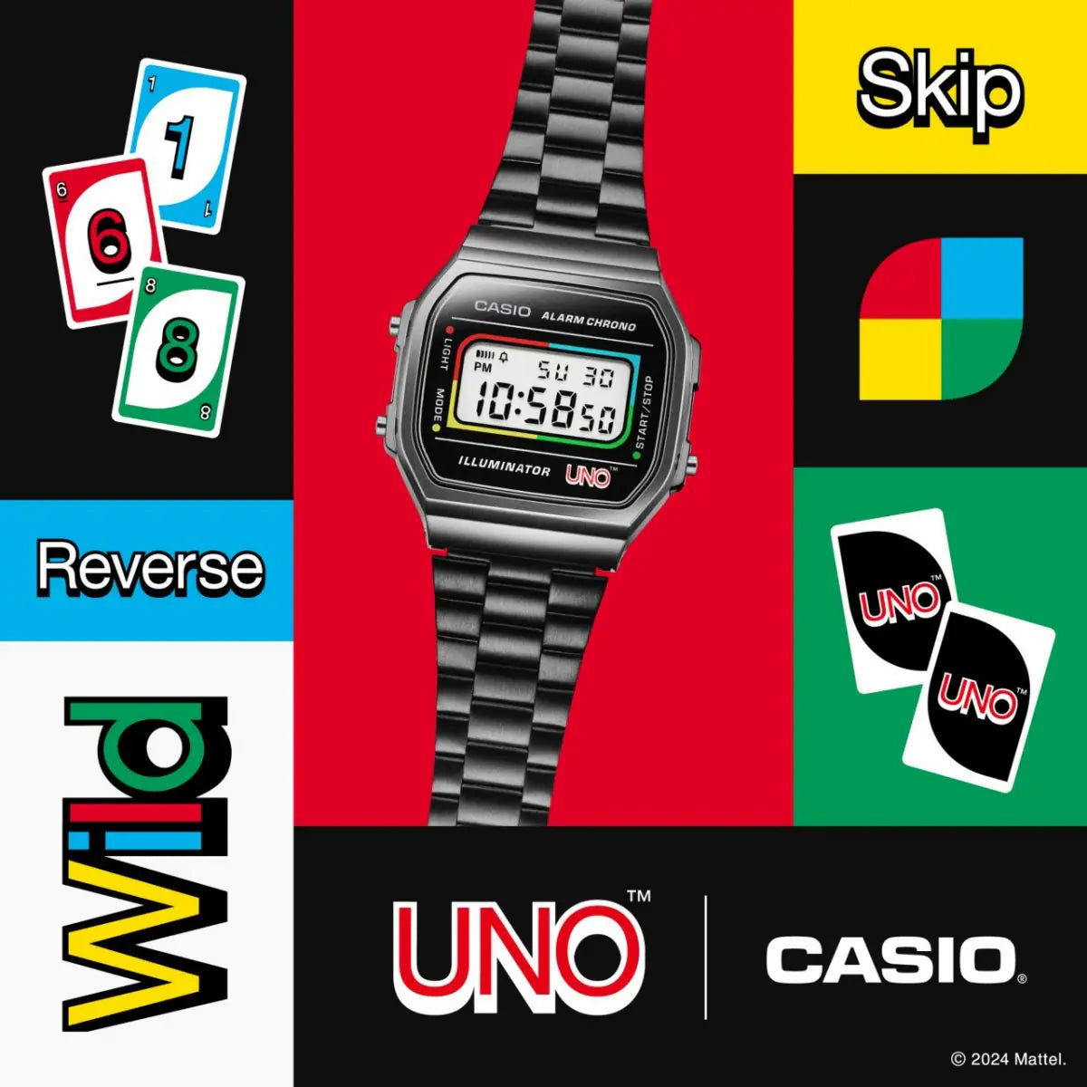 Casio Vintage Iconic X UNO A168WEUC 1AER Limited Edition Unisex Armbanduhr Schwarz Bunt Grau Edelstahl Resin verchromt CLOCKCHASERS