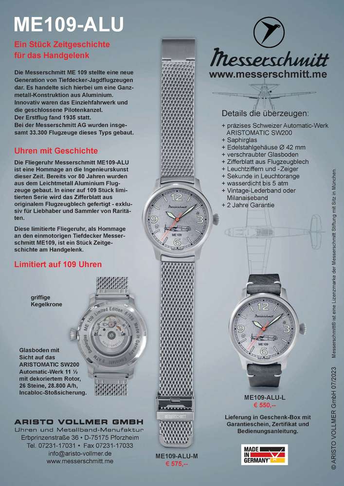 Messerschmitt Flieger 109 Automatik Herrenuhr Limited Edition - ME109 - ALU - M - Jetzt bei clockchasers.com kaufen