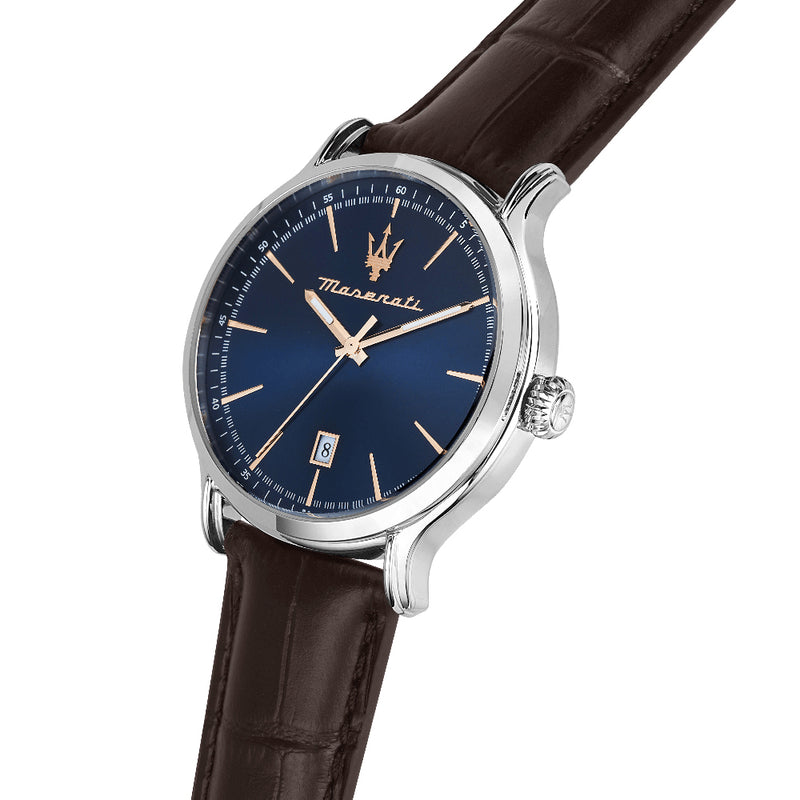 Maserati Epoca Herrenuhr R8851118016 Quarz Edelstahl Silber Blau Armband:  Leder Braun – CLOCKCHASERS