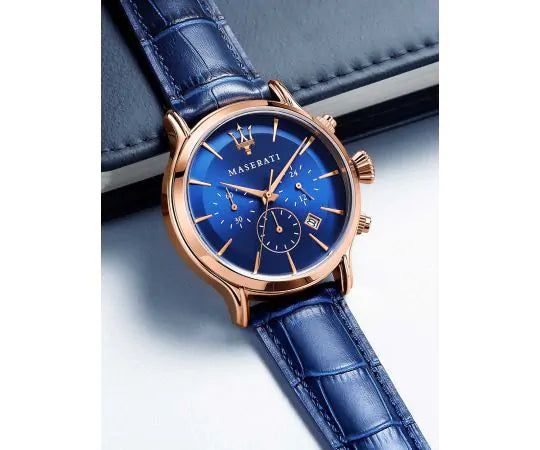 Maserati Epoca Chronograph Quarz Blau – Roségold Herrenuhr Leder Armband: R8871618013 Edelstahl CLOCKCHASERS